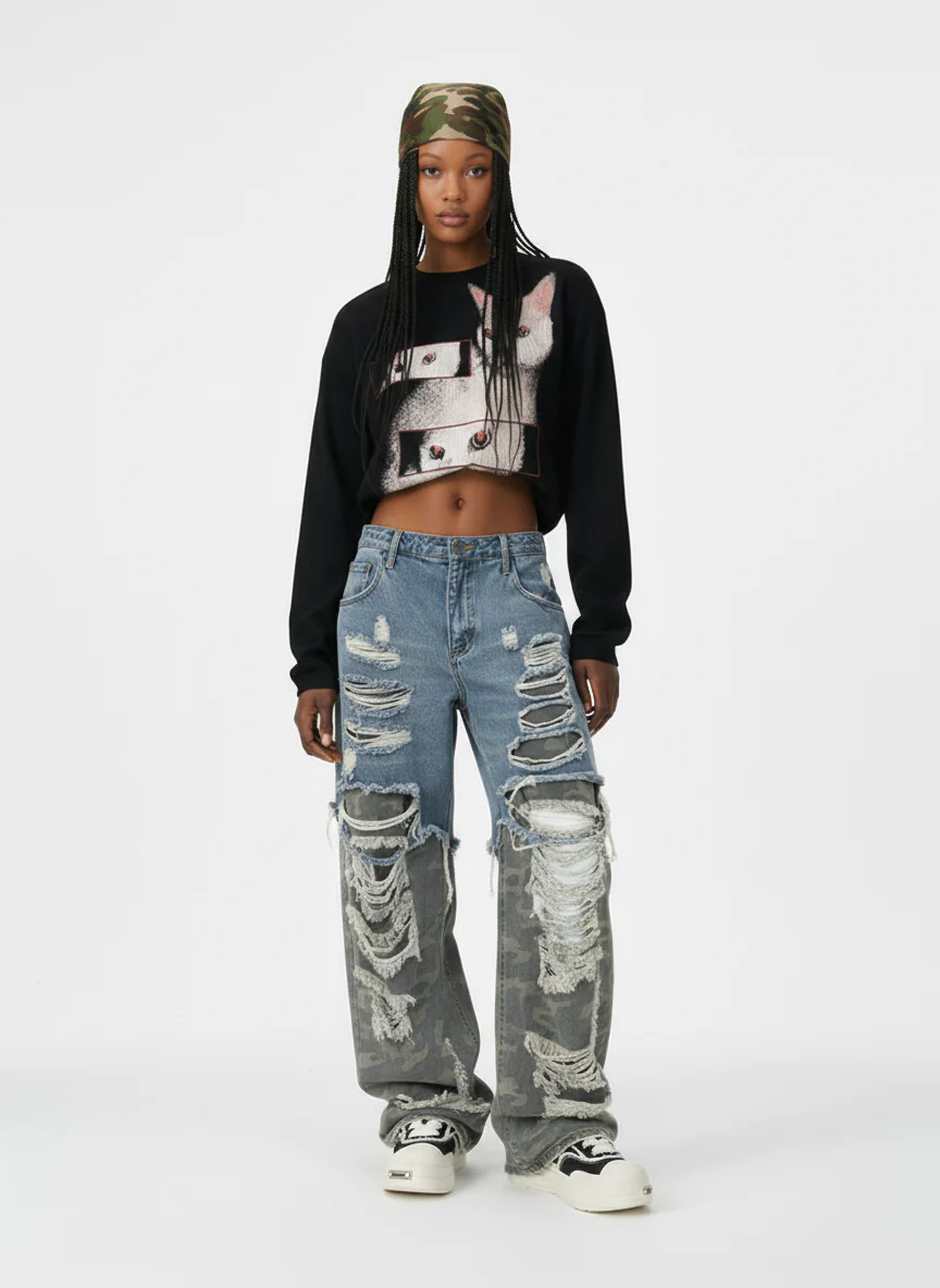 Camouflage Patchwork Ripped Cargo Jeans - 2452 - Image 6