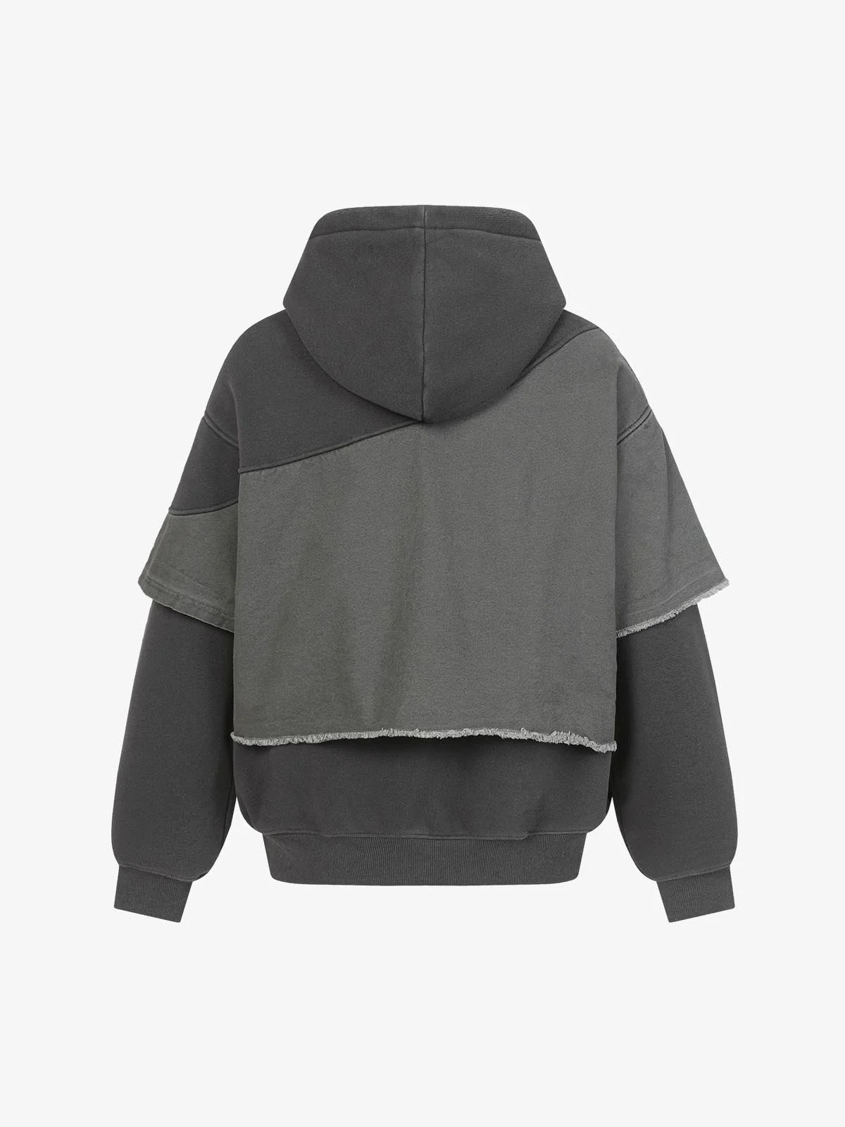 Distressed Patchwork Raw-Edge Layered-Hem Fleece Hoodie - Image 5