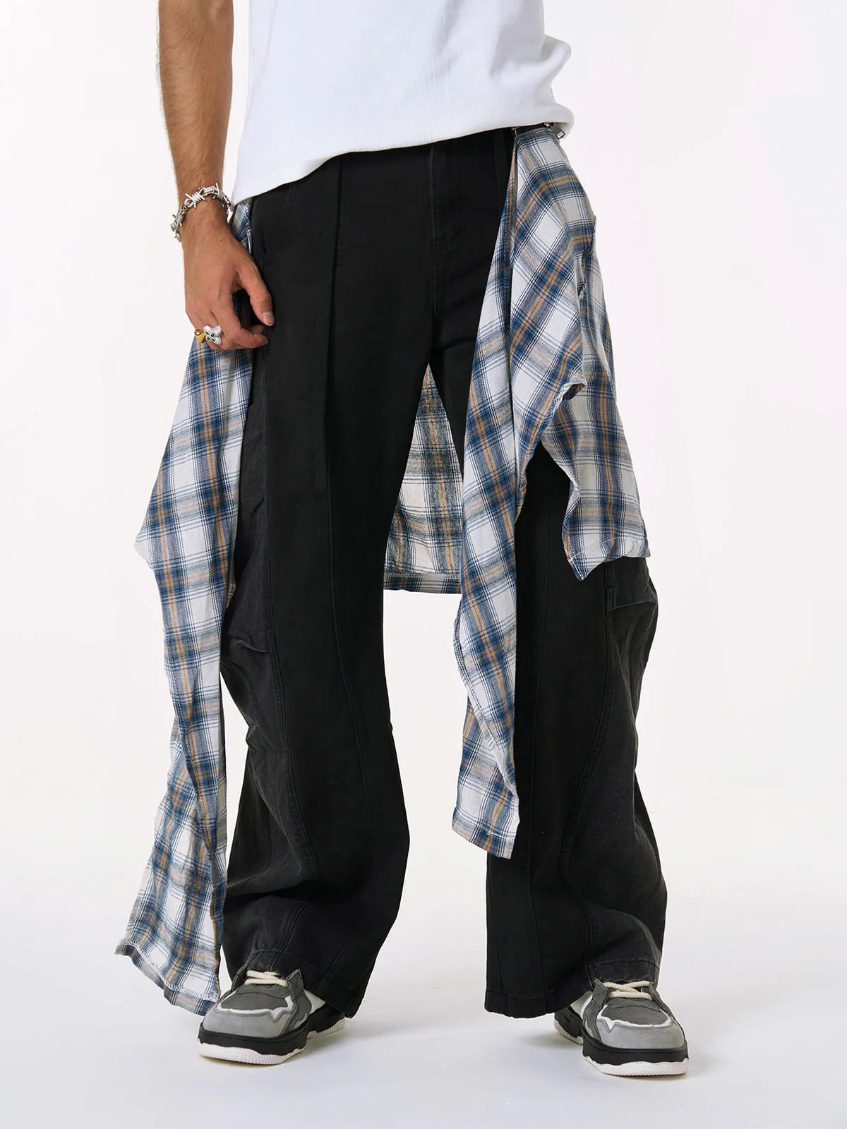 Denim Faux Two-piece Plaid Detachable Scimitar Jeans - 2435 - Image 3