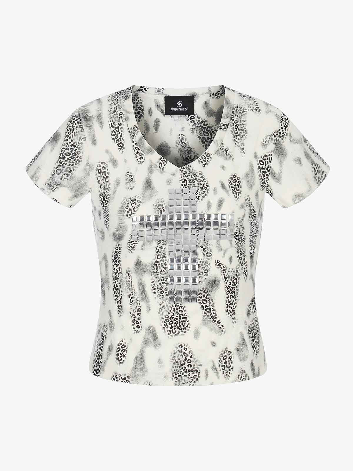 Glossy Cross Leopard Slim Fit Distressed T-Shirt - Image 7