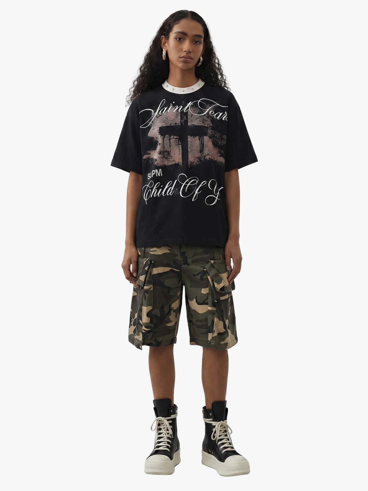 Gothic Cross Print Studded Collar Waffle Knit Graphic T-Shirt - Image 4