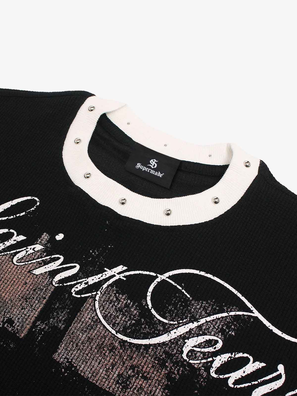 Gothic Cross Print Studded Collar Waffle Knit Graphic T-Shirt - Image 7