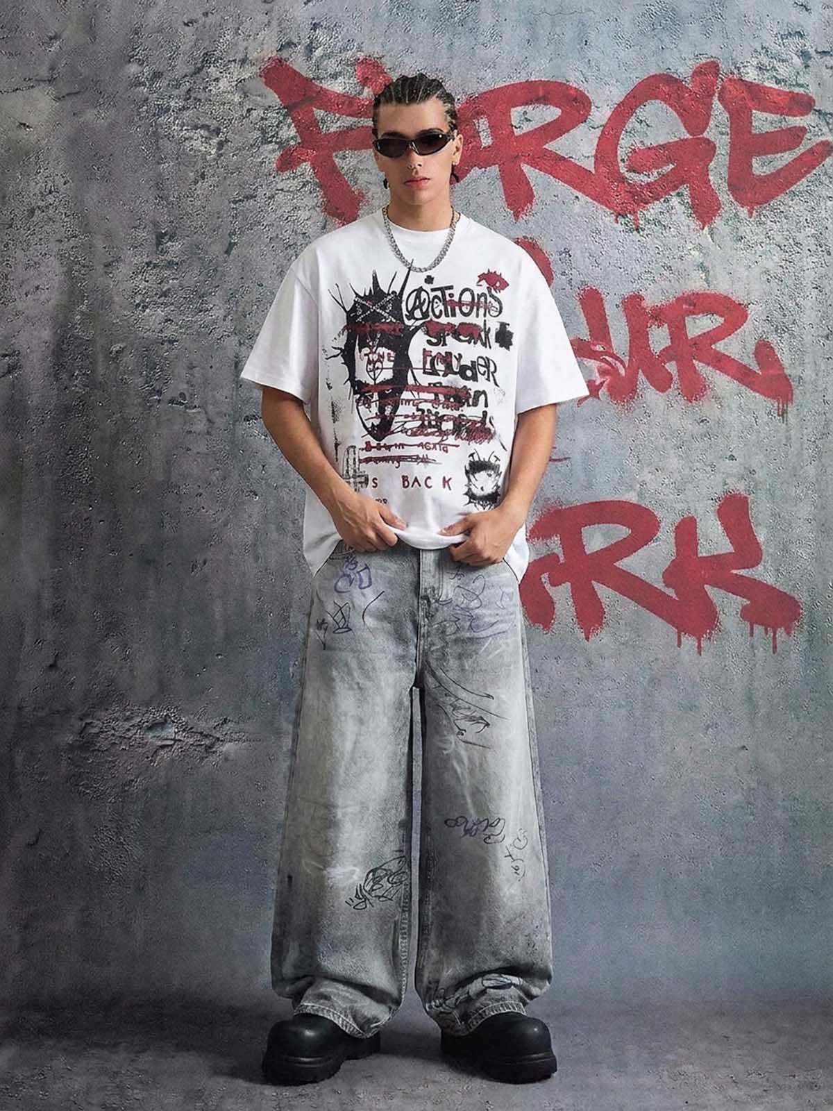 Hand Drawn Scribble Print Baggy Jeans - Image 3