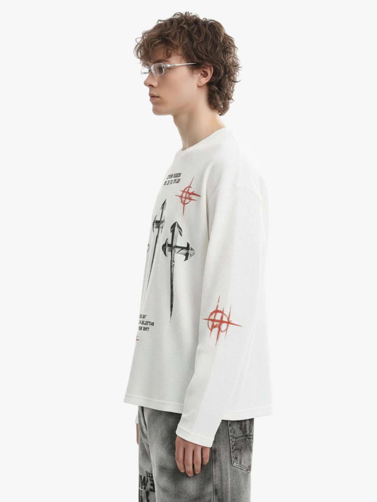 Letter Print Waffle Cross Long-Sleeved T-Shirt - Image 3