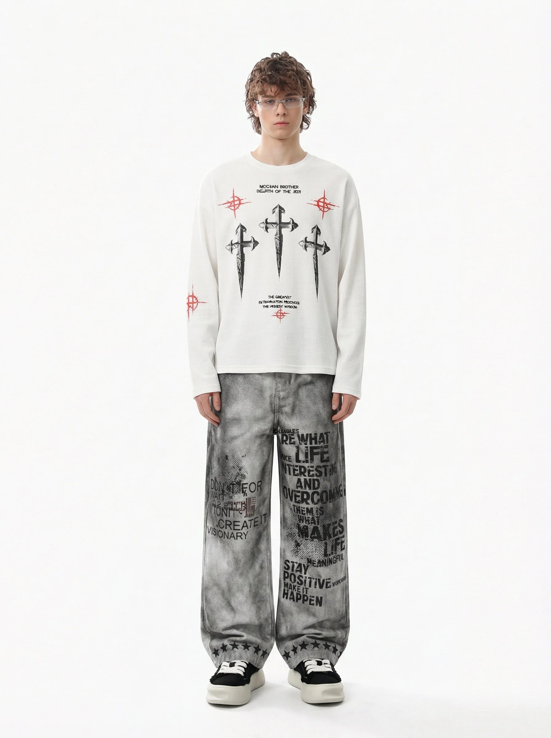 Letter Print Waffle Cross Long-Sleeved T-Shirt - Image 4