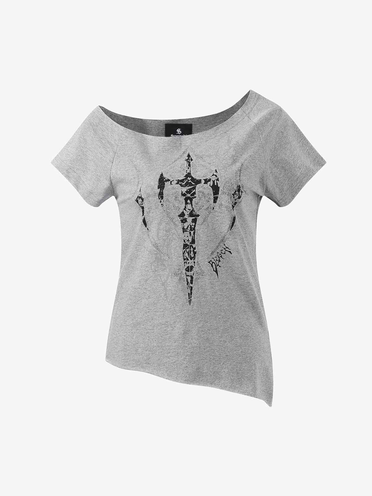 Off Shoulder Cross Graphic Slim Fit T-Shirt - Image 5