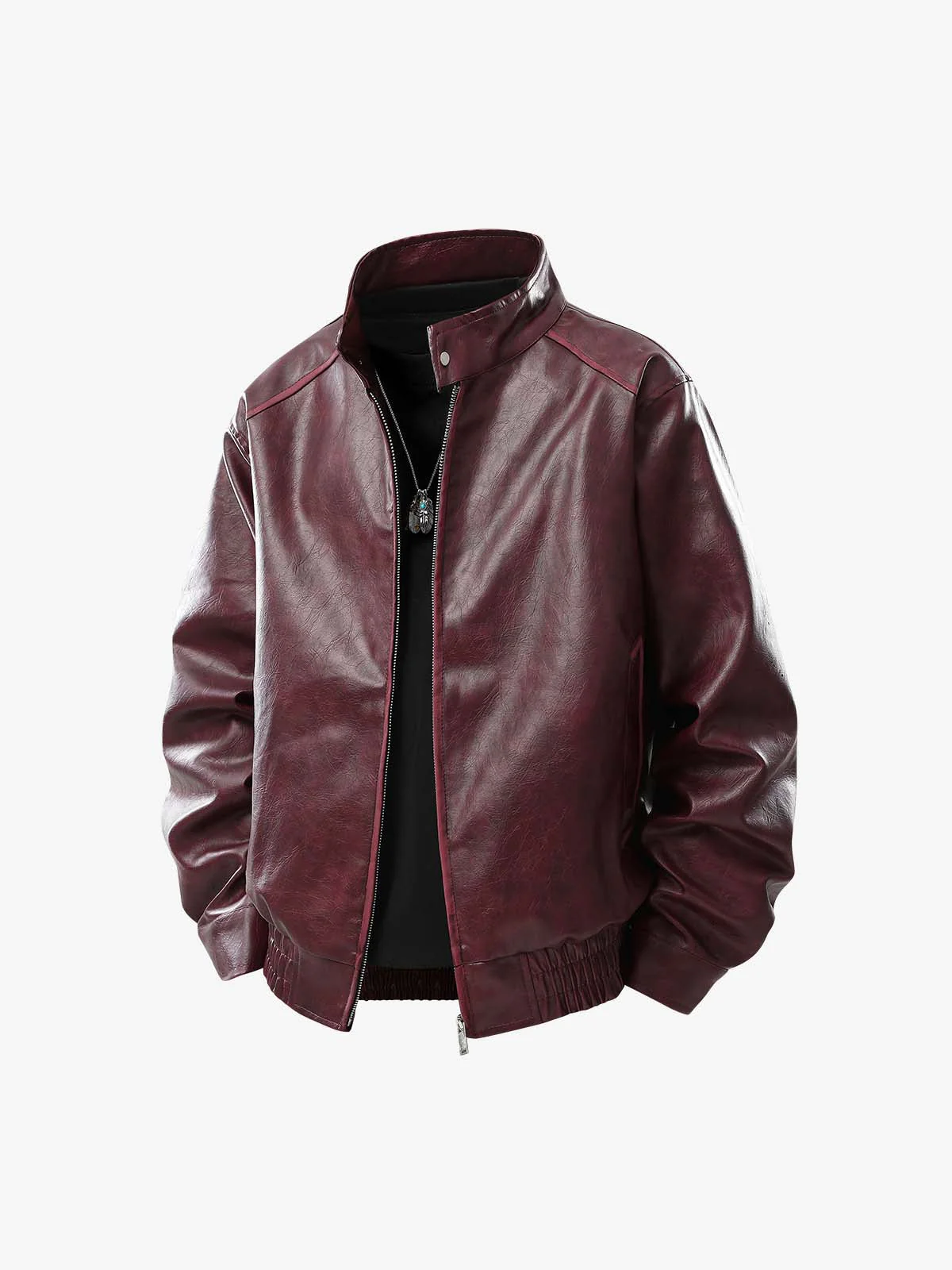 Retro Leather Stand-Collar Elastic Hem Jacket - Image 2