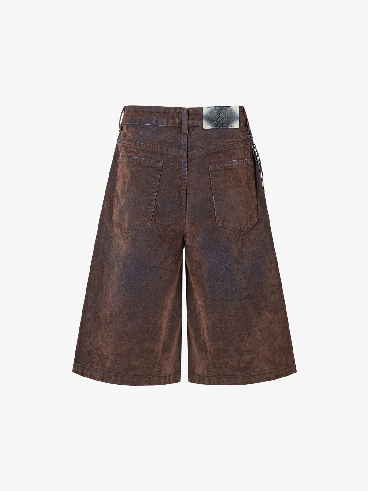 Retro Mud Washed Striped Print Chain Denim Shorts - Image 2