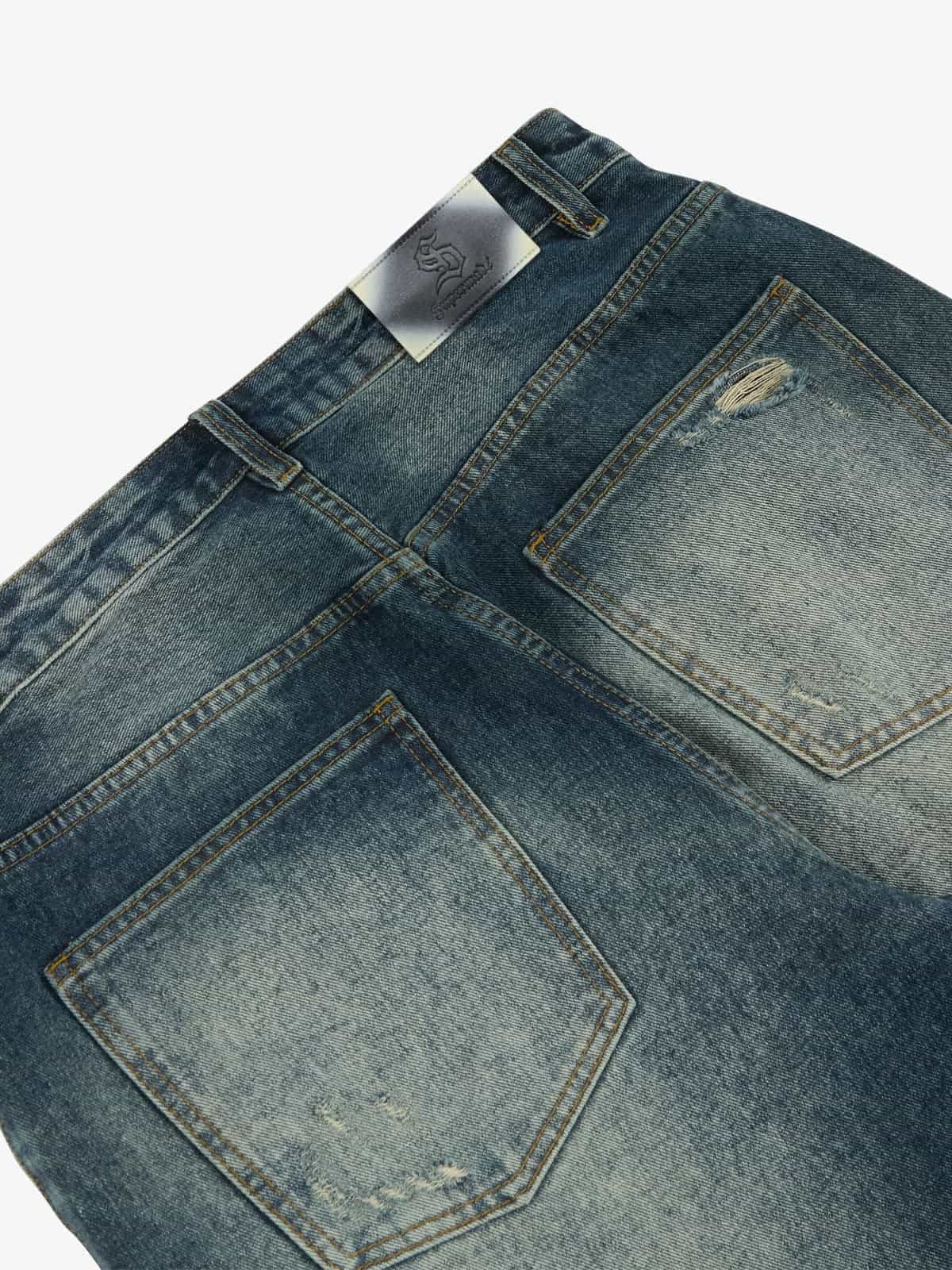 Retro Rhinestone Letter Embroidery Distressed Baggy Jeans - Image 5