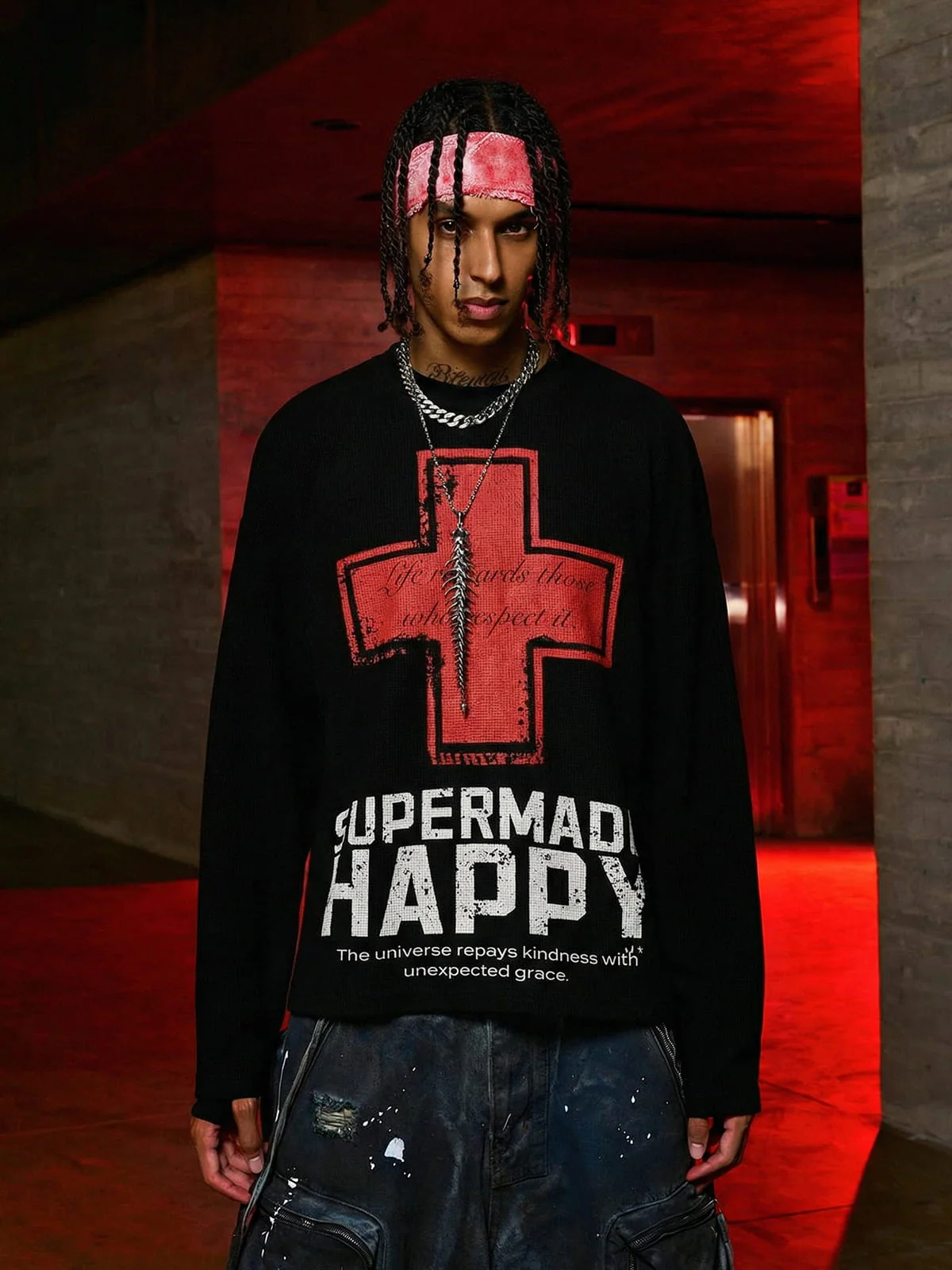 Street Cross Lettering Print Long-Sleeved T-Shirt - 2608 - Image 4