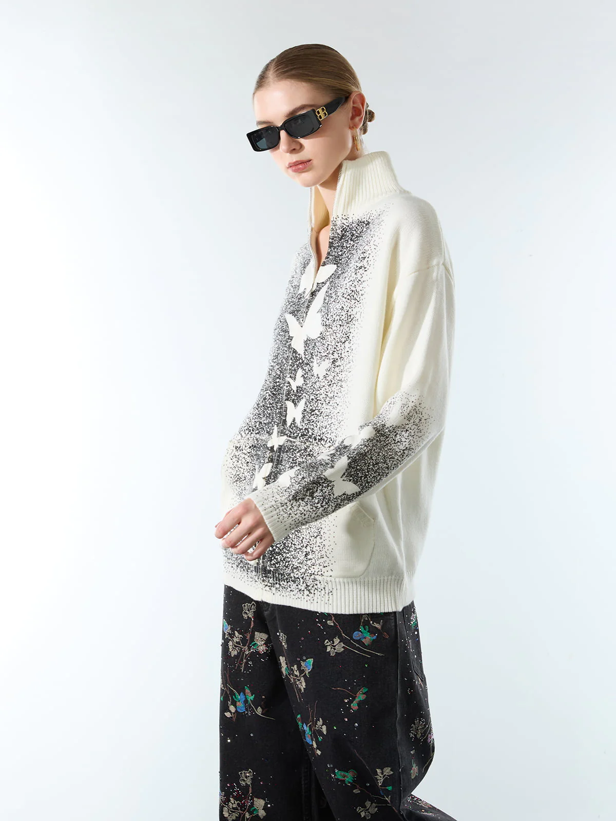 Street Dark Phantom Butterfly Stand-Collar Knit Cardigan Sweater - Image 4