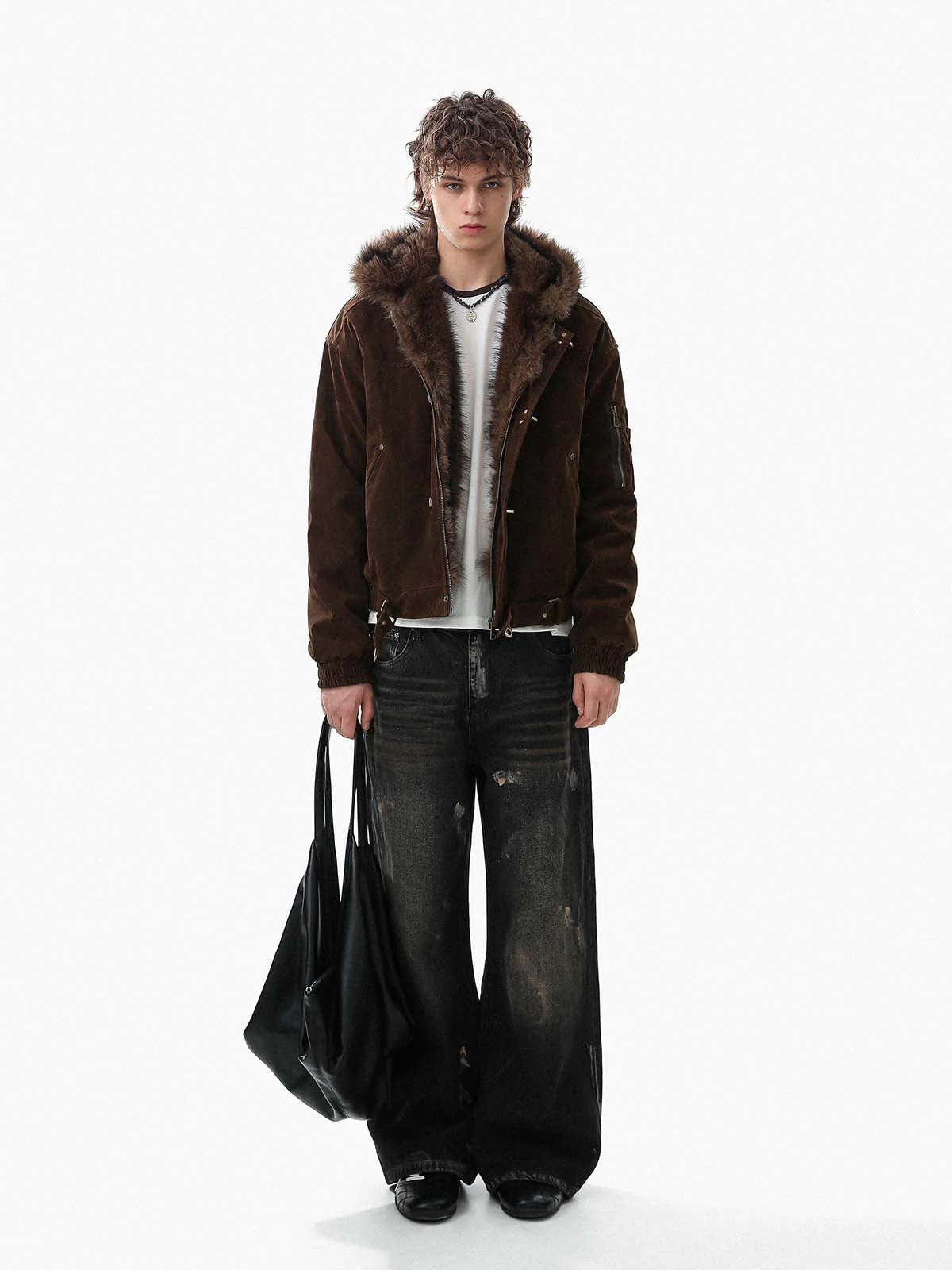 Streetwear Metal Clip Faux Fur Hooded Suede Bomber Jacket - 2597 - Image 10