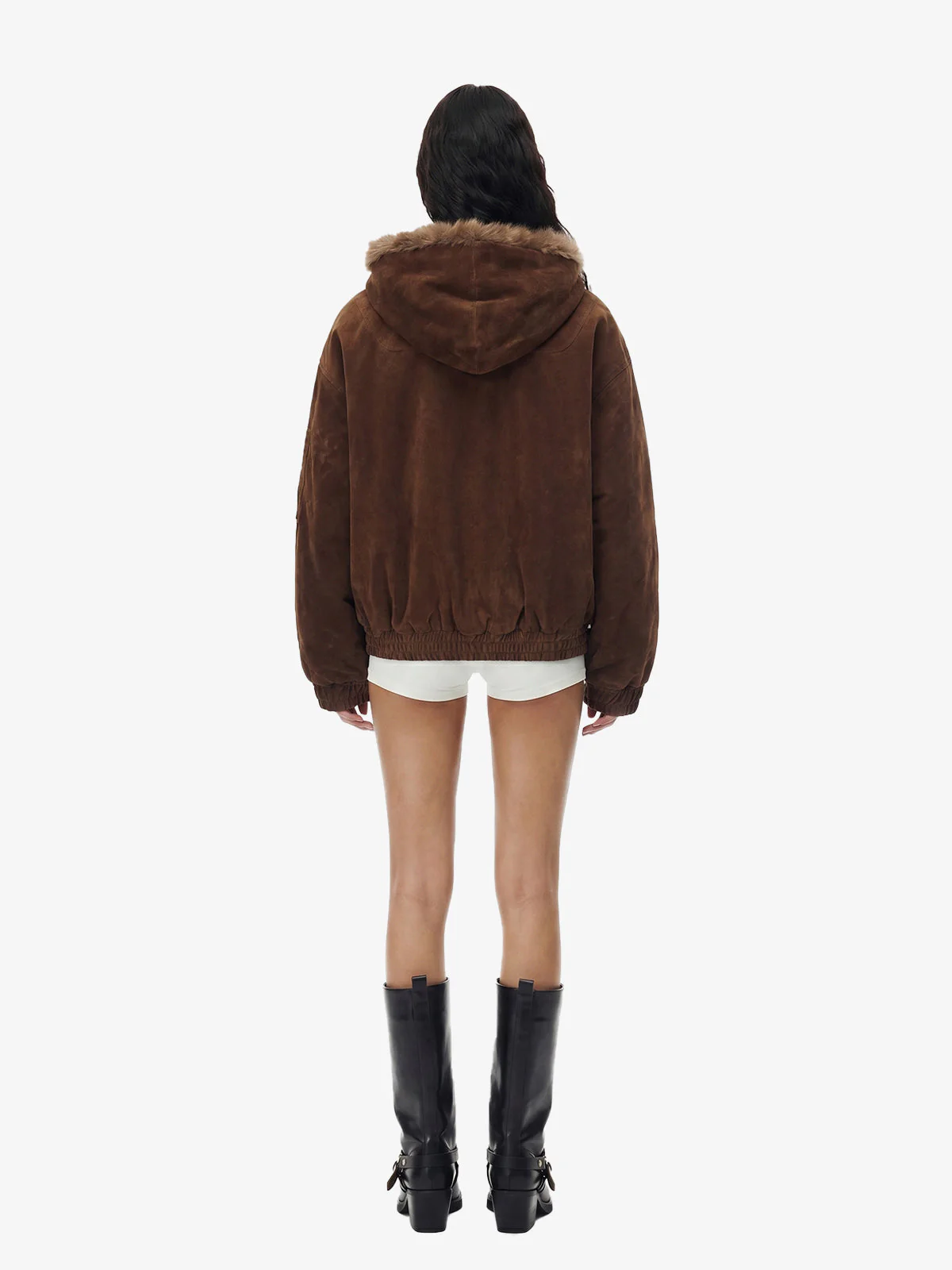 Streetwear Metal Clip Faux Fur Hooded Suede Bomber Jacket - 2597 - Image 9