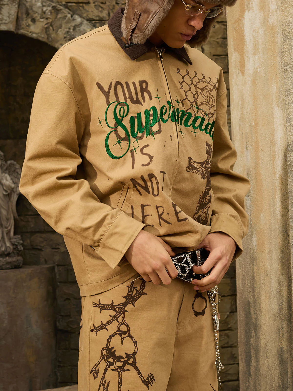 Supermade Slogan Print Color-Blocked Embroidered Retro Canvas Jacket - Image 8