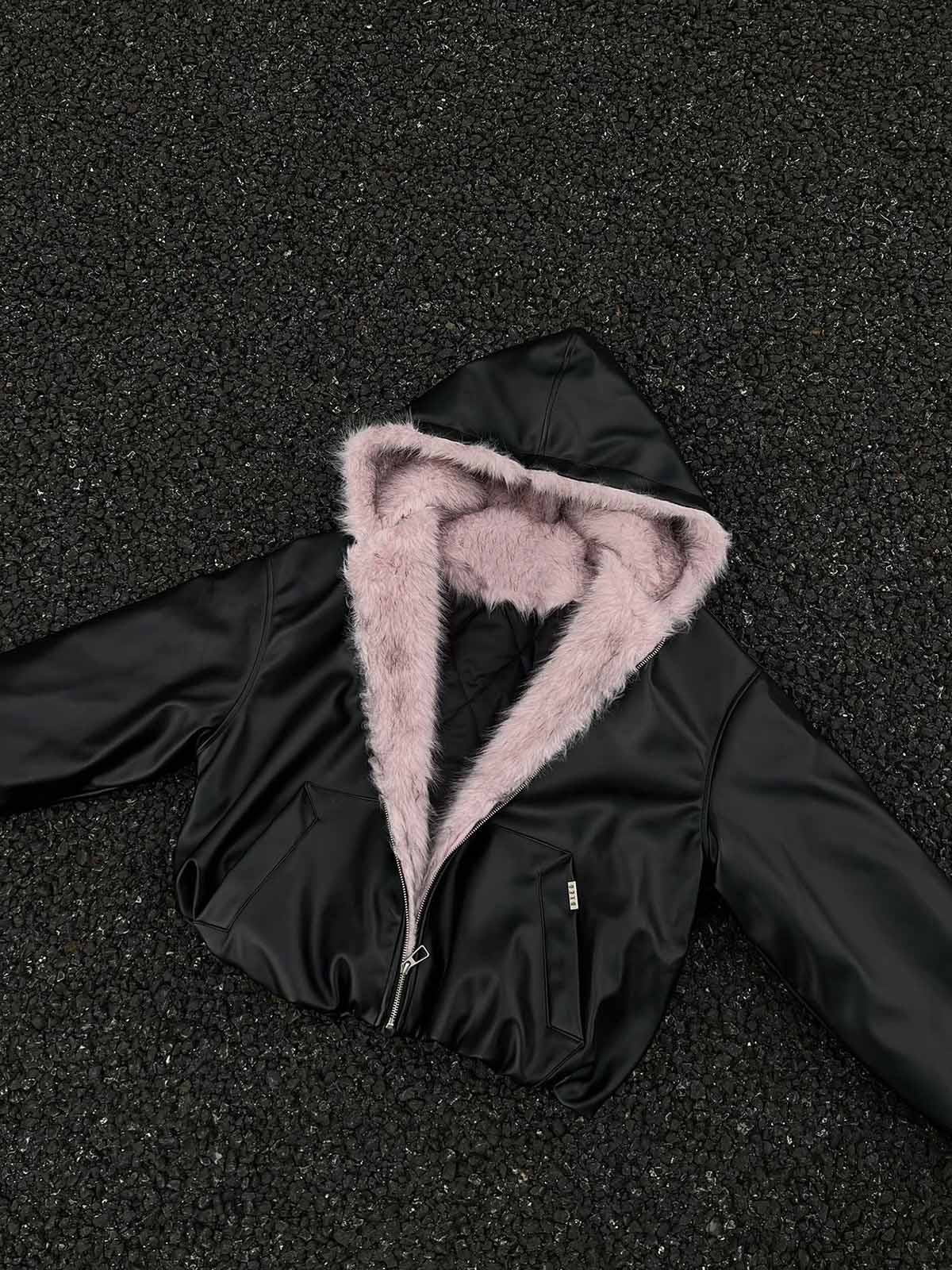 Leather Pink Fur Hooded Quilted Jacket - 2535 - Image 9