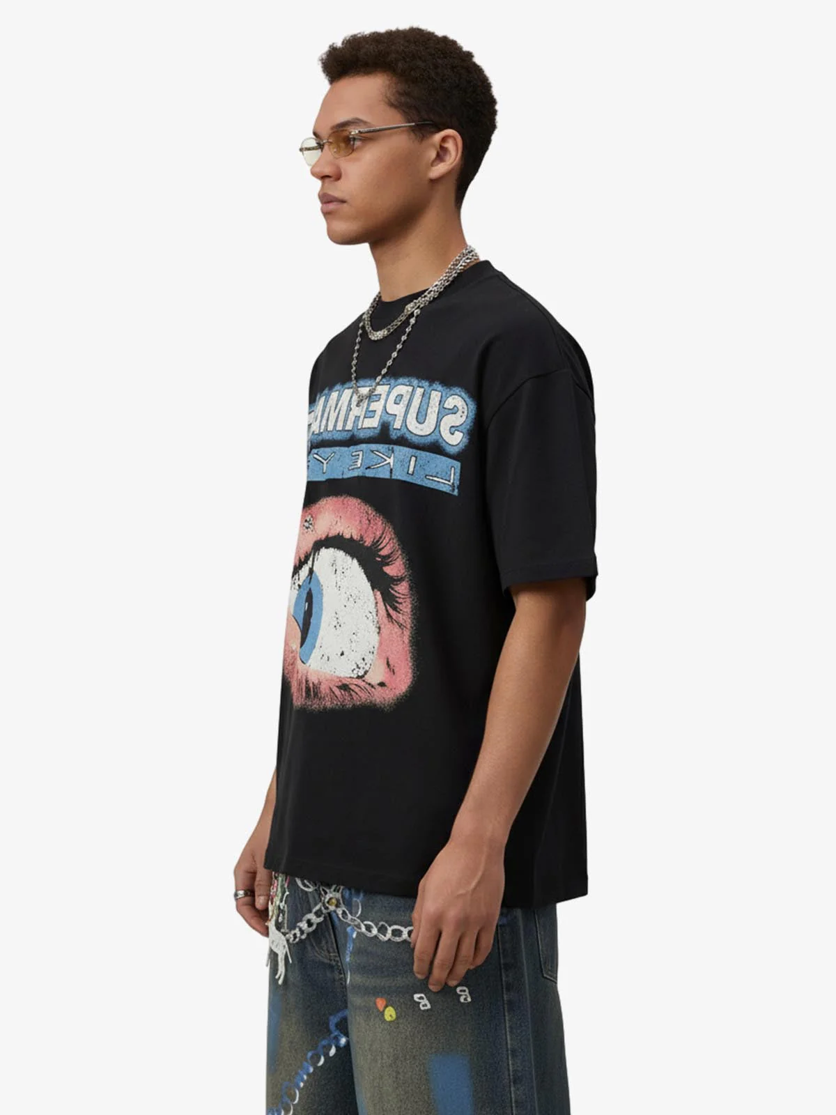 Waffle Knit Eye Graphic Letter Print T-Shirt - Image 3