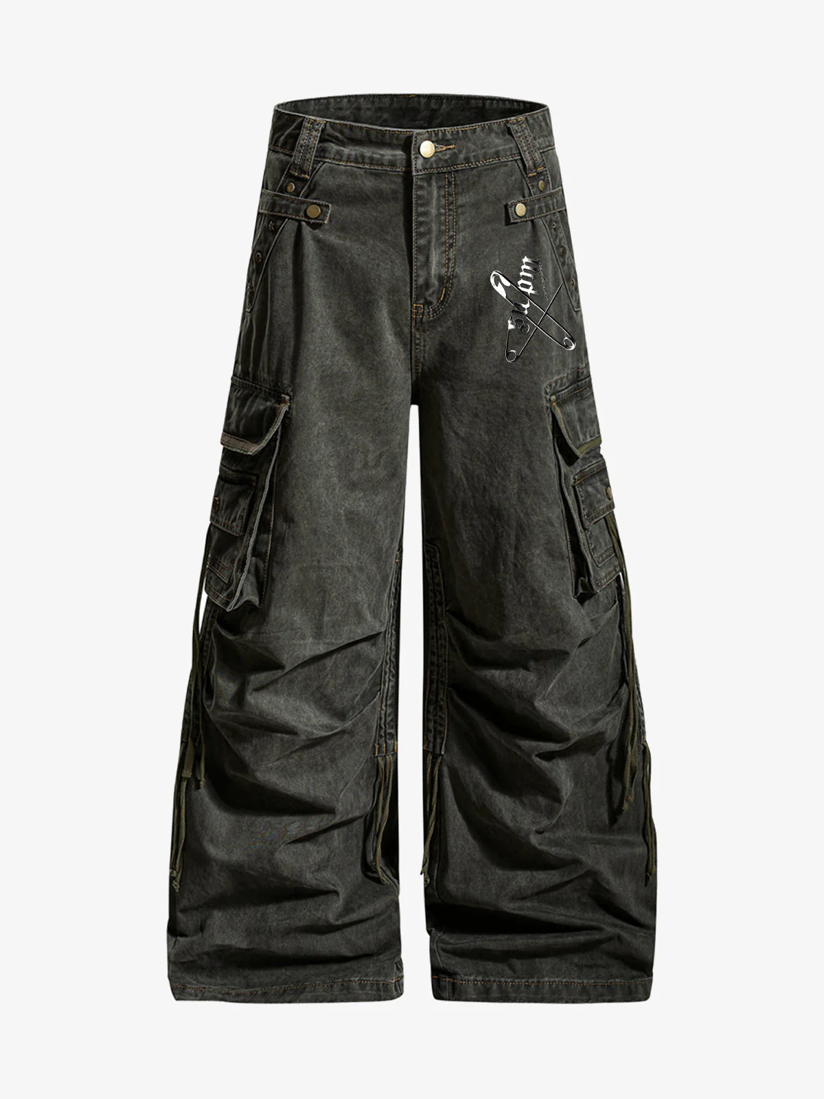 Washed Safety Pin Graphic Cargo Pants - Image 8